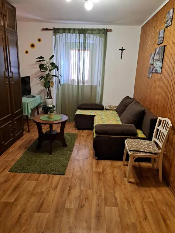 Living room with sofa bed and dining corner